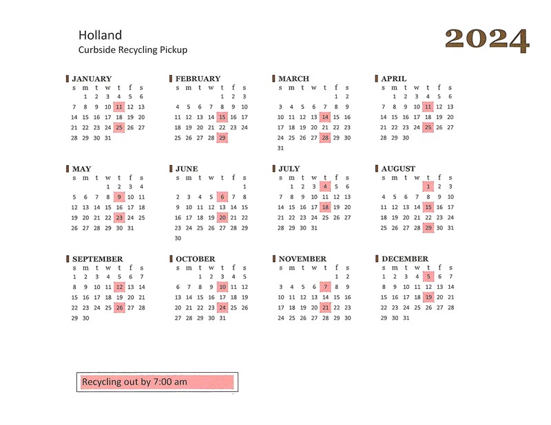 Holland Recycling Schedule